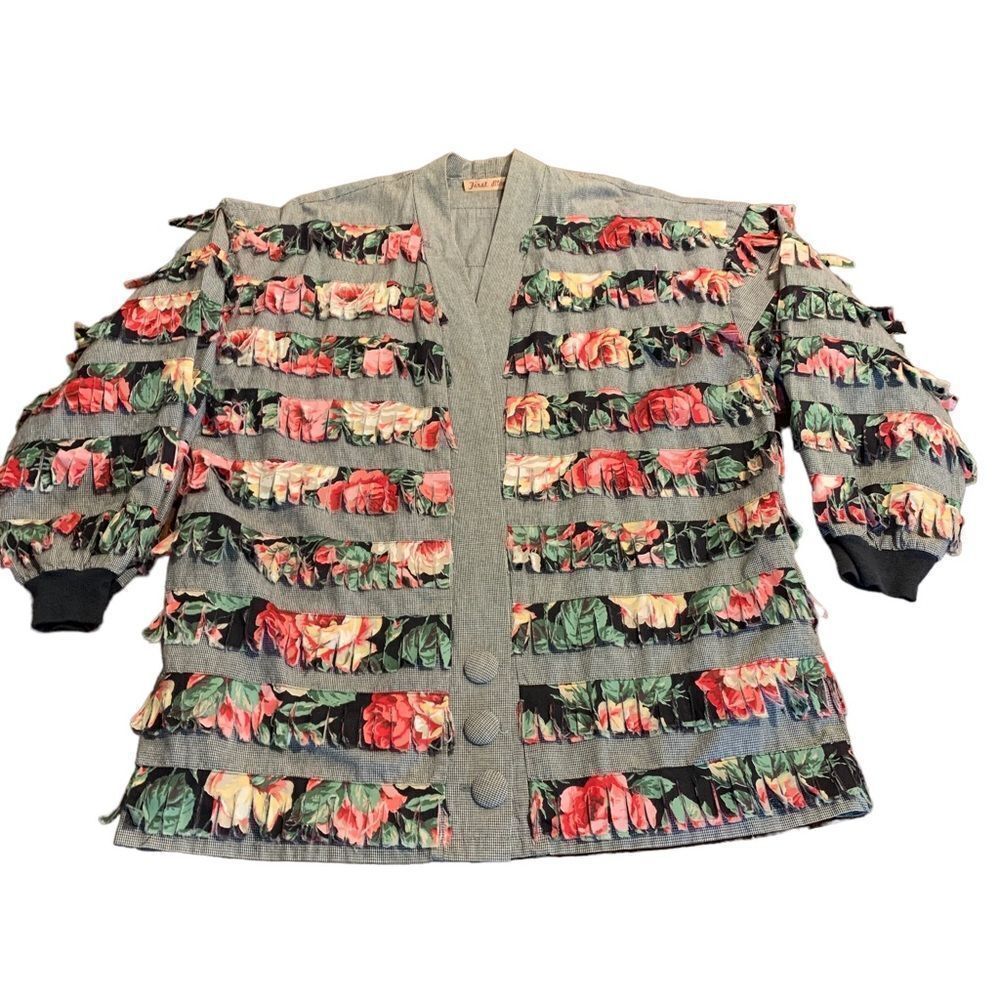 Vintage First Bloom Floral Fringed Checkered Oversized Jacket